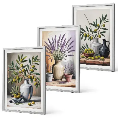 Zestaw obrazów do salonu kwiaty oliwki w wazonach