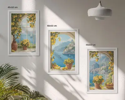 Zestaw 3 obrazów do salonu z motywem morskiego krajobrazu i cytryn w oknie