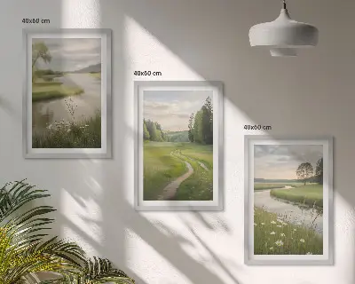Zestaw 3 obrazów do salonu z motywem letniego krajobrazu rzeki i łąki kwiatów