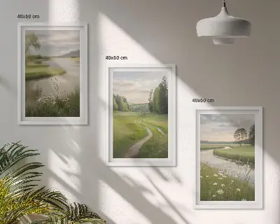 Zestaw 3 obrazów do salonu z motywem letniego krajobrazu rzeki i łąki kwiatów