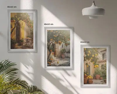 Zestaw obrazów do salonu słoneczne patio z cytrusami w doniczkach