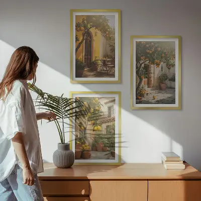 Zestaw obrazów do salonu słoneczne patio z cytrusami w doniczkach