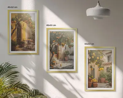Zestaw obrazów do salonu słoneczne patio z cytrusami w doniczkach