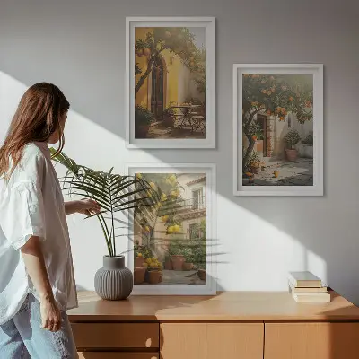 Zestaw obrazów do salonu słoneczne patio z cytrusami w doniczkach