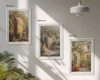 Zestaw obrazów do salonu słoneczne patio z cytrusami w doniczkach