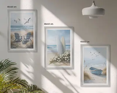 Kompozycja obrazów na ścianę plaża z deskami surfingowymi i ptakami