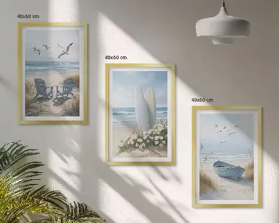 Kompozycja obrazów na ścianę plaża z deskami surfingowymi i ptakami