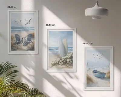 Kompozycja obrazów na ścianę plaża z deskami surfingowymi i ptakami