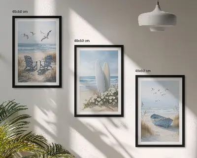 Kompozycja obrazów na ścianę plaża z deskami surfingowymi i ptakami