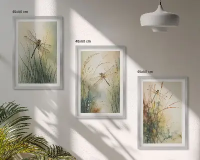 Trawy i ważki nad wodą zestaw 3 obrazów do salonu