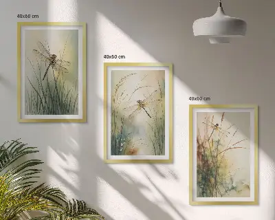 Trawy i ważki nad wodą zestaw 3 obrazów do salonu