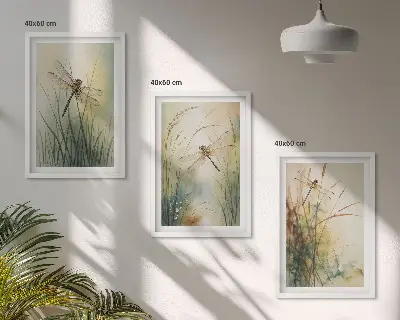 Trawy i ważki nad wodą zestaw 3 obrazów do salonu