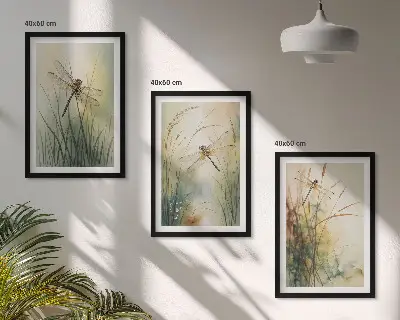Trawy i ważki nad wodą zestaw 3 obrazów do salonu