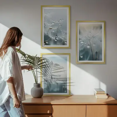 Krople rosy na dmuchawcach zestaw 3 obrazów do salonu