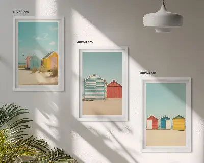 Kompozycja obrazów na ścianę kolorowe domki, plaża i słońce