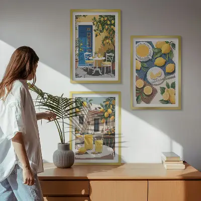 Zestaw obrazów do salonu z motywem lemoniady na patio w słońcu