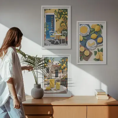Zestaw obrazów do salonu z motywem lemoniady na patio w słońcu