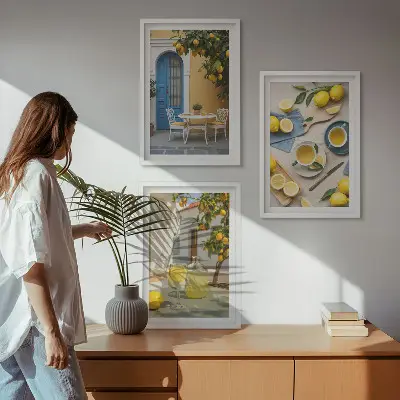 Kompozycja obrazów na ścianę cytryny, lemoniada i niebieskie drzwi