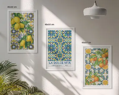 Zestaw obrazów do salonu z motywem cytryn i kwiatów pomarańczy w stylu włoskim