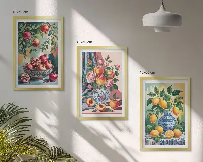 Kwiaty i owoce w wazonach zestaw 3 obrazów do salonu