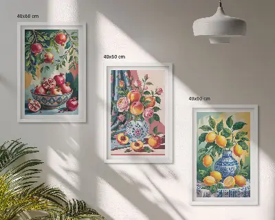 Kwiaty i owoce w wazonach zestaw 3 obrazów do salonu