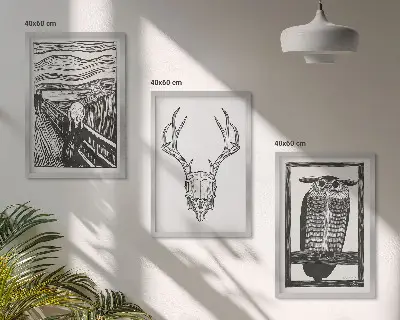 Kompozycja obrazów na ścianę grafika z motywem krzyku, czaszki i sowy