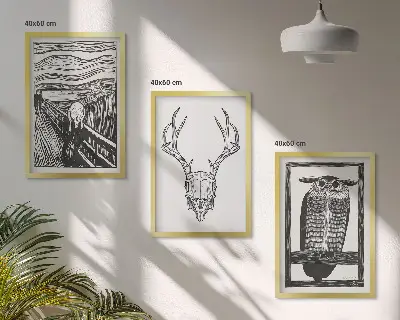 Kompozycja obrazów na ścianę grafika z motywem krzyku, czaszki i sowy