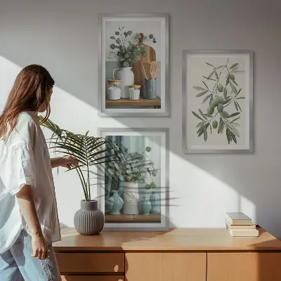 Zestaw 3 obrazów Zielone oliwki eukaliptus do salonu