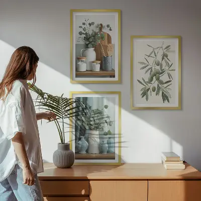 Zestaw 3 obrazów Zielone oliwki eukaliptus do salonu