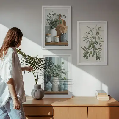 Zestaw 3 obrazów Zielone oliwki eukaliptus do salonu