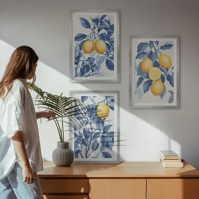 Kompozycja obrazów na ścianę cytryny z gałęziami i niebieskimi liśćmi
