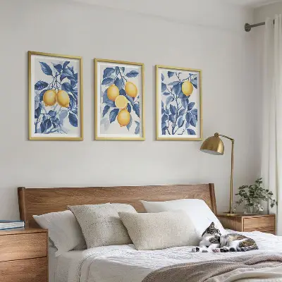 Kompozycja obrazów na ścianę cytryny z gałęziami i niebieskimi liśćmi