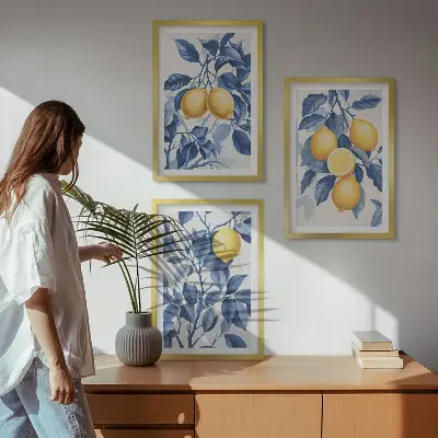 Kompozycja obrazów na ścianę cytryny z gałęziami i niebieskimi liśćmi