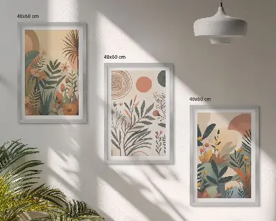 Zestaw 3 obrazów do salonu z roślinnymi motywami w stonowanych kolorach