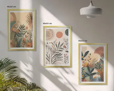 Zestaw 3 obrazów do salonu z roślinnymi motywami w stonowanych kolorach
