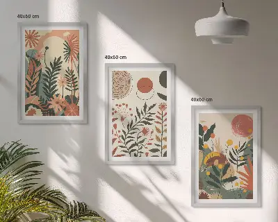 Zestaw obrazów do salonu z roślinnymi wzorami w stylu vintage w odcieniach pasteli