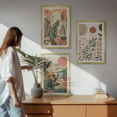 Zestaw obrazów do salonu z roślinnymi wzorami w stylu vintage w odcieniach pasteli