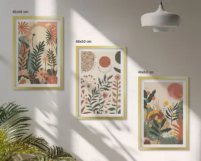 Zestaw obrazów do salonu z roślinnymi wzorami w stylu vintage w odcieniach pasteli
