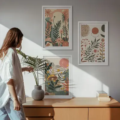 Zestaw obrazów do salonu z roślinnymi wzorami w stylu vintage w odcieniach pasteli