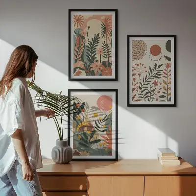 Zestaw obrazów do salonu z roślinnymi wzorami w stylu vintage w odcieniach pasteli