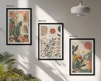 Zestaw obrazów do salonu z roślinnymi wzorami w stylu vintage w odcieniach pasteli