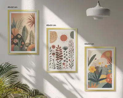 Kompozycja obrazów na ścianę z motywem roślin w stylu boho