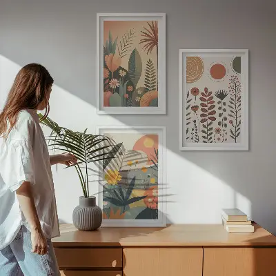 Kompozycja obrazów na ścianę z motywem roślin w stylu boho