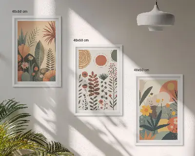 Kompozycja obrazów na ścianę z motywem roślin w stylu boho
