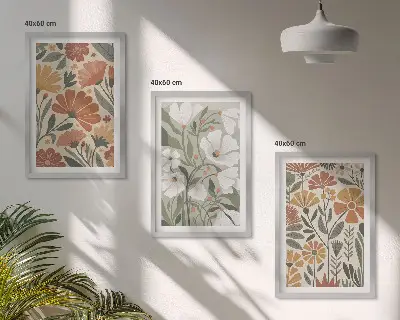 Zestaw 3 obrazów do salonu z kwiatowymi wzorami w kolorach pomarańczowym i zielonym