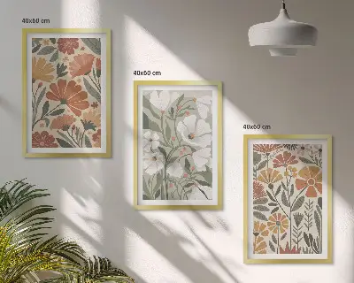Zestaw 3 obrazów do salonu z kwiatowymi wzorami w kolorach pomarańczowym i zielonym