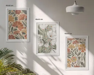 Zestaw 3 obrazów do salonu z kwiatowymi wzorami w kolorach pomarańczowym i zielonym
