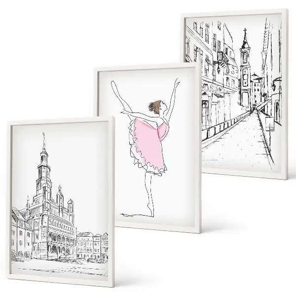 Zestaw obrazów do salonu stylowe baletnice z motywem architektury