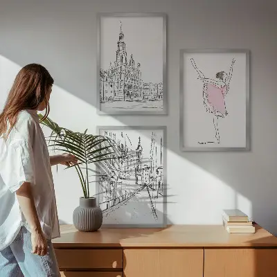 Zestaw obrazów do salonu stylowe baletnice z motywem architektury