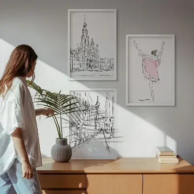 Zestaw obrazów do salonu stylowe baletnice z motywem architektury